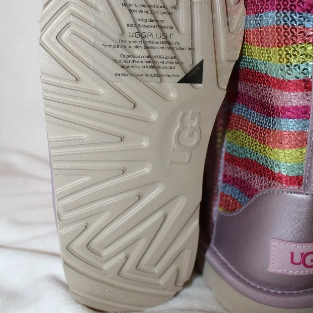 NIB UGG‎ GIRL'S YOUTH SEQUIN RAINBOW CLASSIC SHORT SHEARLING LINED BOOTS